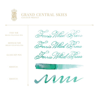 Grand Central Skies | 38ml Ink | Ferris Wheel Press with teal green calligraphy and color swatches