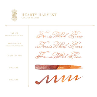 Hearty Harvest | 38ml Ink | Ferris Wheel Press showing calligraphy samples and ink color swatches