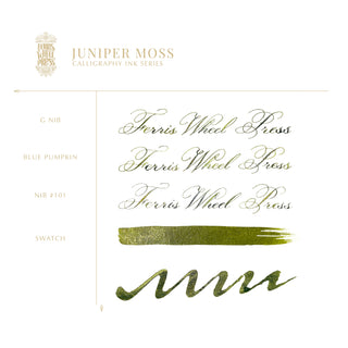 28ml Calligraphy Ink - Juniper Moss | Ferris Wheel Press elegant green ink swatch with ornate script and brush strokes