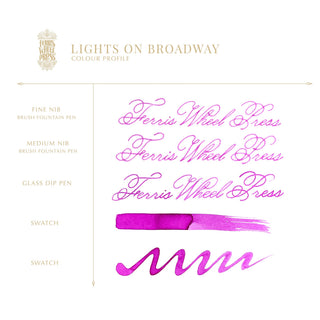 Lights on Broadway | 38ml Ink | Ferris Wheel Press showing purple ink samples and calligraphy strokes