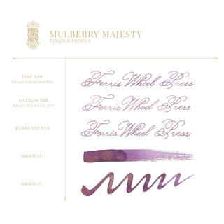Mulberry Majesty | 38ml Ink | Ferris Wheel Press purple ink swatches and calligraphy samples on white background