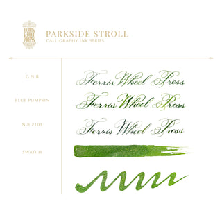 28ml Calligraphy Ink - Parkside Stroll | Ferris Wheel Press with green ink strokes and elegant script samples
