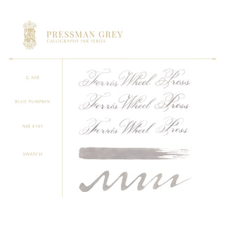 28ml Calligraphy Ink - Pressman Grey | Ferris Wheel Press showcasing elegant script and color swatches in soft grey tone