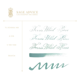 28ml Calligraphy Ink - Sage Advice | Ferris Wheel Press showing nib scripts and sage green ink swatch on white background