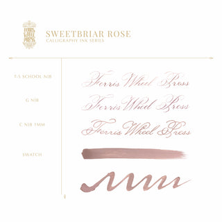 28ml Calligraphy Ink - Sweetbriar Rose | Ferris Wheel Press shows script samples and pinkish ink swatch