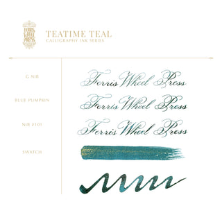 28ml Calligraphy Ink - Teatime Teal | Ferris Wheel Press ink swatch with calligraphy strokes and logo samples