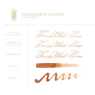 Terracotta Canyon | 38ml Ink | Ferris Wheel Press showing calligraphy and color swatches in warm terracotta shade