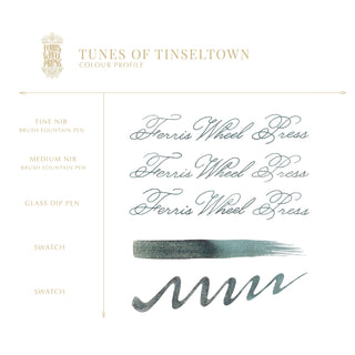 Tunes of Tinseltown Fountain Pen Inks - 10ml Bottled | Ferris Wheel Press blue-gray ink swatches and calligraphy samples