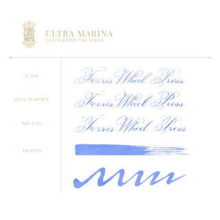 28ml Calligraphy Ink - Ultra Marina | Ferris Wheel Press showing blue ink swatches and elegant script samples