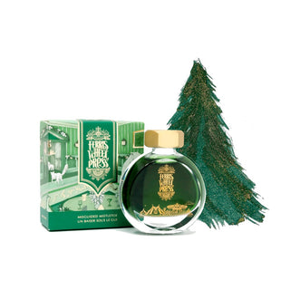 Misguided Mistletoe | 38ml Ink | Ferris Wheel Press round bottle with gold cap and green packaging next to decorative tree