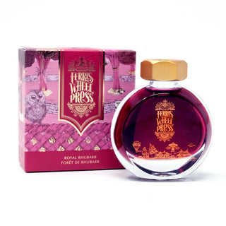 Royal Rhubarb | 38ml Ink | Ferris Wheel Press round bottle with gold cap and purple ink beside pink decorative box