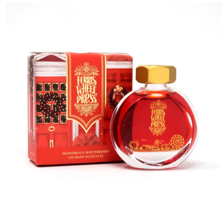 Wondrous Winterberry 38ml ink bottle with gold cap and festive red packaging by Ferris Wheel Press