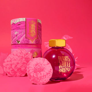 Double Raspberry | 85ml Ink | Ferris Wheel Press round glass bottle with gold cap and packaging in bright pink tones