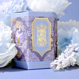 Dusk in Bloom | 85ml Ink | Ferris Wheel Press with intricate purple floral packaging surrounded by white flowers