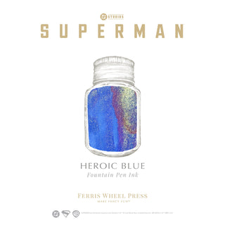 Heroic Blue Fountain Pen Inks - 10ml Bottled by Ferris Wheel Press with shimmering blue ink inside clear glass bottle