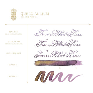 Queen Allium Fountain Pen Inks - 10ml Bottled | Ferris Wheel Press ink color swatches and calligraphy samples