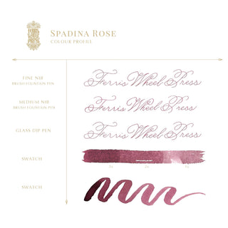 Spadina Rose | 38ml Ink | Ferris Wheel Press showing calligraphy samples and swatches in dusty rose tones