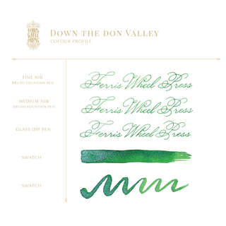 Down the Don Valley | 38ml Ink | Ferris Wheel Press showing green ink strokes with calligraphy samples and swatches
