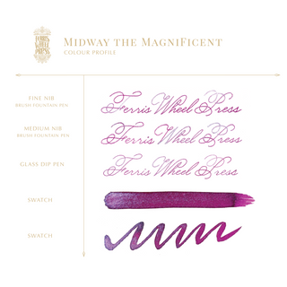 Midway the Magnificent | 38ml Ink | Ferris Wheel Press purple ink samples with brush and dip pen strokes