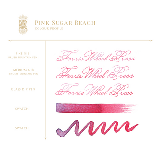 Pink Sugar Beach | 38ml Ink | Ferris Wheel Press showing pink ink calligraphy and brush stroke samples
