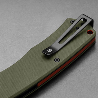James The Folsom Knife with olive green G10 handle and black clip designed by The James Brand