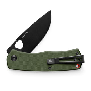 James The Folsom Knife with olive green G10 handle and black VG-10 blade partially open by The James Brand