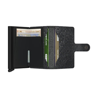 Secrid Miniwallet Hexagon in black leather with hexagon texture and card storage compartments open view