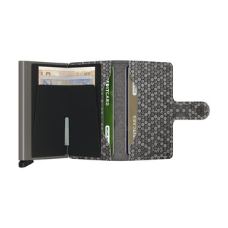 Secrid Miniwallet Hexagon with grey hexagon pattern leather and metallic card protector open view