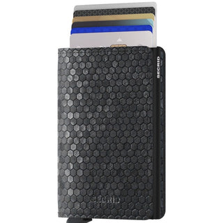 Secrid Slimwallet Hexagon black leather wallet with hexagonal texture and cards partially visible