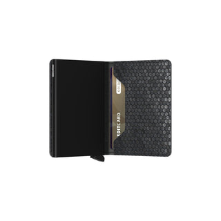 Secrid Slimwallet Hexagon with black hexagon-patterned leather and slim card compartment open view