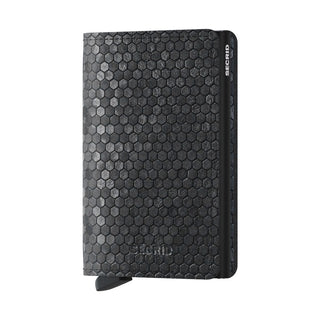 Secrid Slimwallet Hexagon in black European cow leather with textured hexagonal pattern and embossed logo