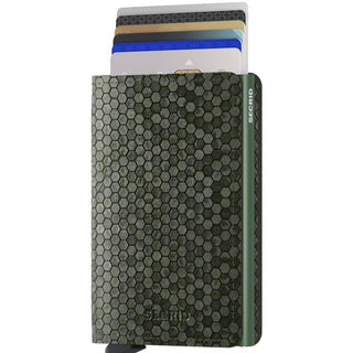 Secrid Slimwallet Hexagon in green leather with embossed hexagonal pattern and cards partially visible