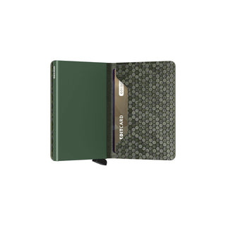 Secrid Slimwallet Hexagon with textured hexagon patterned leather and card partially exposed interior