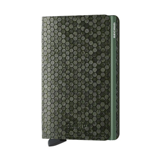 Secrid Slimwallet Hexagon in green leather with hexagonal embossed texture and metal edge casing