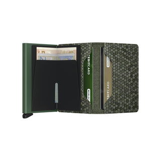 Secrid Slimwallet Hexagon with hexagonal textured leather, open showing card and cash compartments