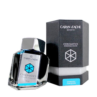 Caran d'Ache Fountain Pen Ink Bottle 50 ml in turquoise hexagonal glass with silver cap and black packaging