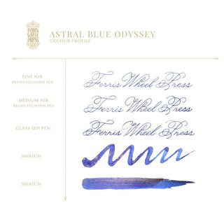Astral Blue Odyssey | 38ml Ink | Ferris Wheel Press blue ink strokes and script samples on white background