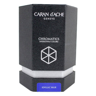 Caran d'Ache Fountain Pen Ink Bottle 50 ml in hexagonal black packaging with Idyllic Blue label