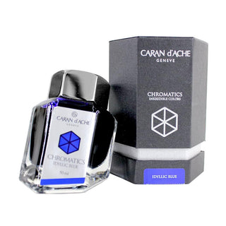 Caran d'Ache Fountain Pen Ink Bottle 50 ml in hexagonal glass with blue ink and black packaging