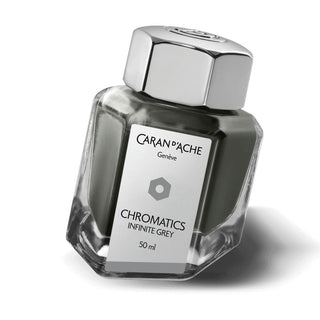 Caran d'Ache Fountain Pen Ink Bottle 50 ml in hexagonal glass with silver metal cap infinite grey