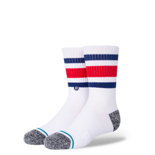 STANCE KIDS BOYD CREW SOCKS in white with red and blue stripes and cushioned gray toe and heel areas