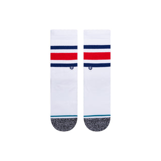STANCE KIDS BOYD CREW SOCKS in white with red and navy stripes and textured gray toe for comfort