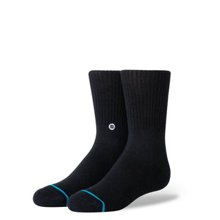 STANCE KIDS ICON CREW SOCKS in black with ribbed texture and blue toe detailing made from combed cotton blend