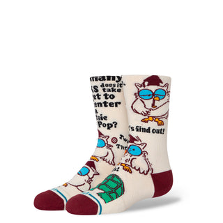 KIDS TOOTSIE ROLL X STANCE MR OWL CREW SOCKS with cartoon owl and text design in maroon and cream colors