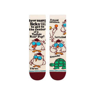 KIDS TOOTSIE ROLL X STANCE MR OWL CREW SOCKS with colorful owl and turtle design on cream background