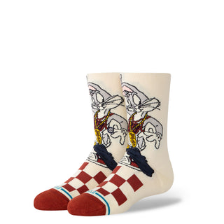 KIDS LOONEY TUNES X STANCE BUGS CREW SOCKS with beige background and red checkerboard pattern on foot