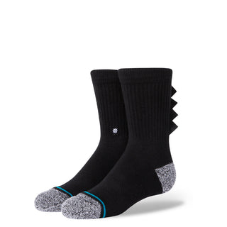 STANCE KIDS DINO DAY CREW SOCKS in black with textured gray toe and heel and dinosaur spike details on the back