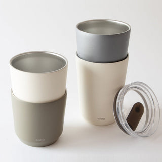 KINTO To Go Tumbler (with plug) 360ml showing stacked cups with stainless steel interiors and clear lid