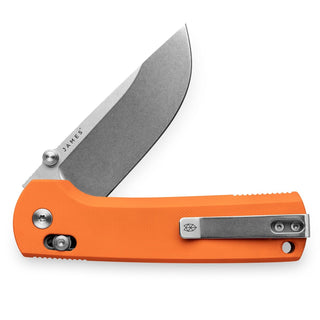 James The Kline Knife by The James Brand with vibrant orange Micarta handle and stonewashed blade