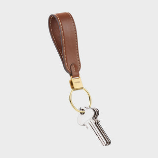 Orbitkey Loop Keychain in brown Nappa leather with gold metal ring holding three keys hanging vertically